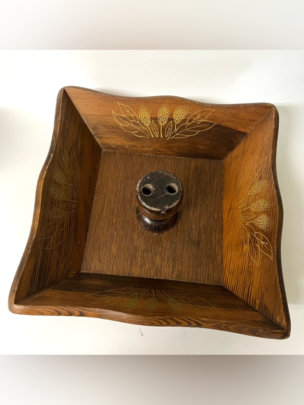 VTG Wood Square Shaped Nut Bowl Serving Tray Handpainted Gold Wheat Design 8.8"